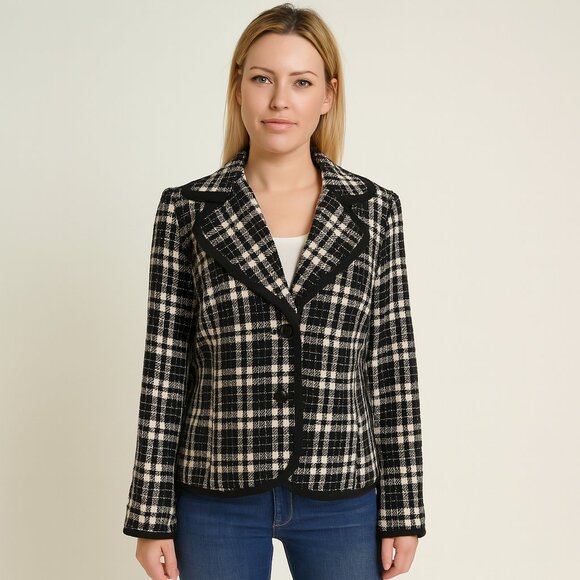 Karen Kane Black & White Plaid Wool Blend Jacket Blazer Size 12 - Picture 1 of 10